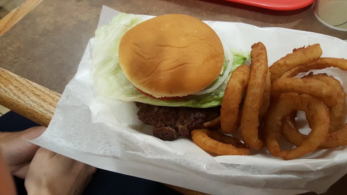 Single Burger and Onion Rings