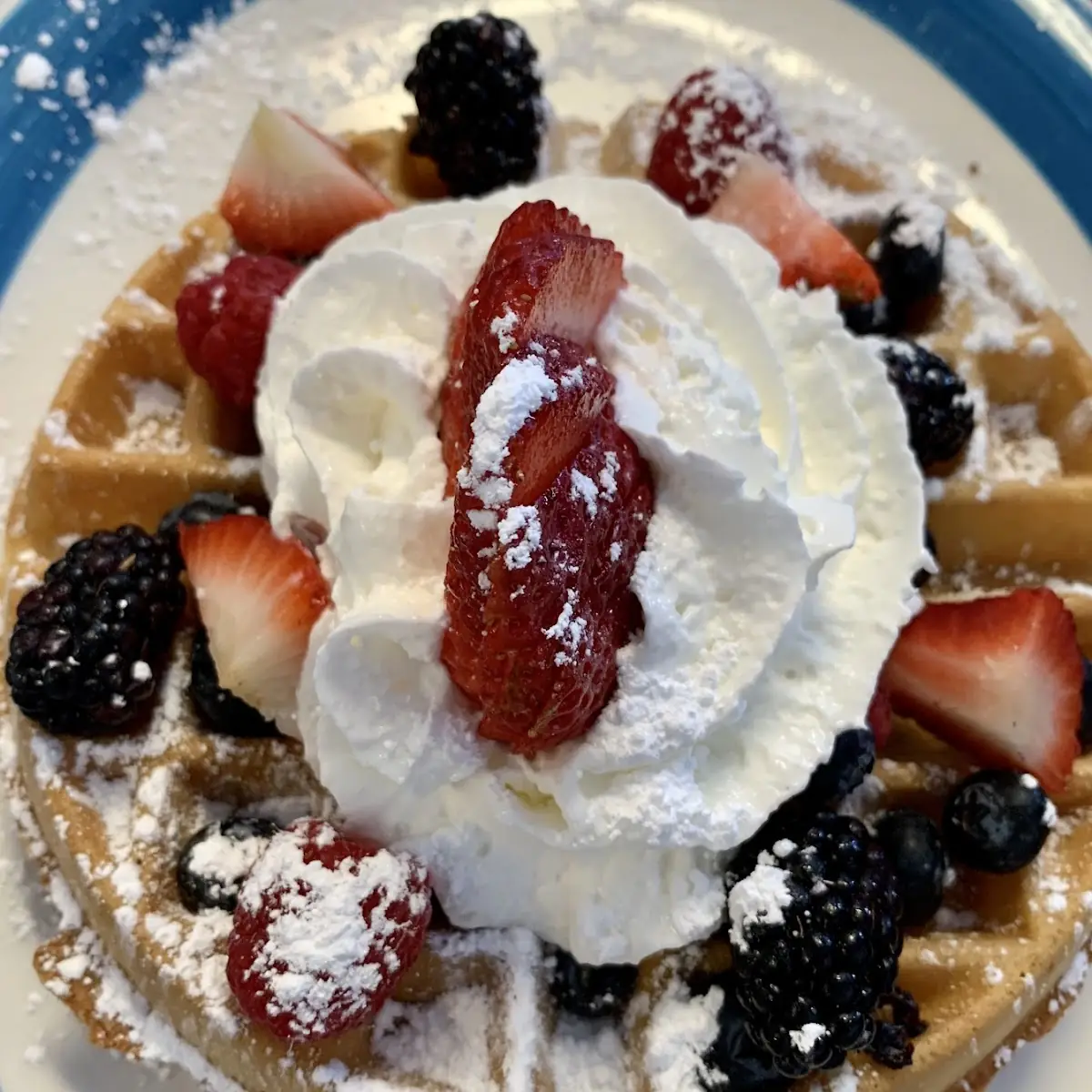 Waffle Topped with Fresh Fruit and Whipped Cream