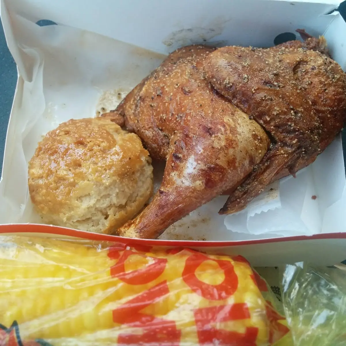 Half Chicken Biscuit and Corn on the Cob
