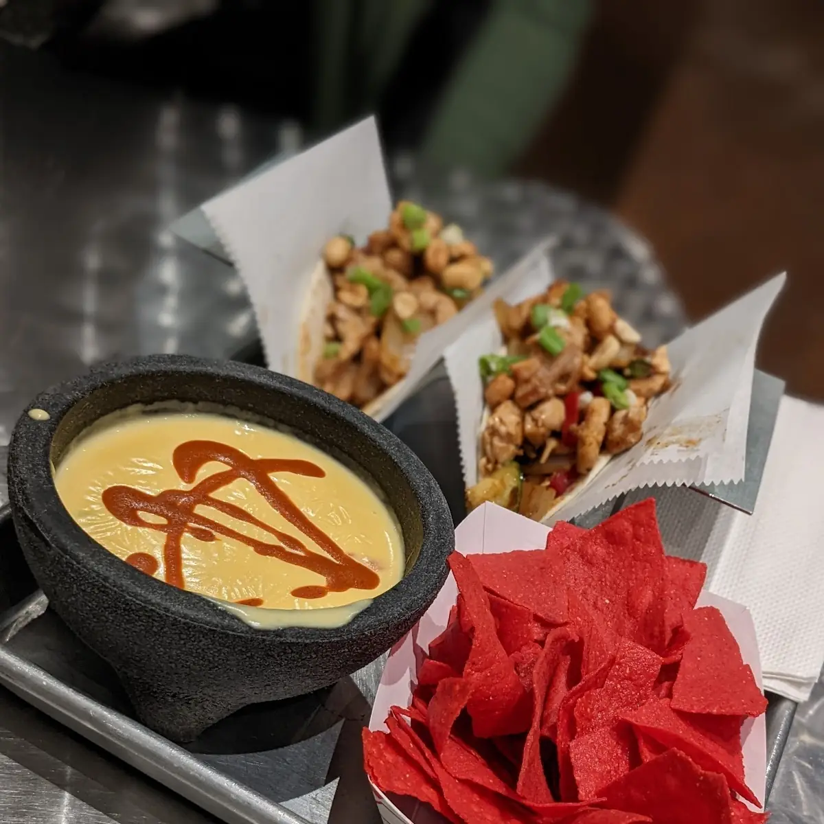 Kung Pao Chicken Tacos and Queso Dip