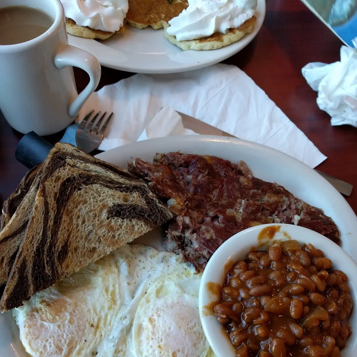 Two Eggs over Easy with Rye Toast Bakes Beans