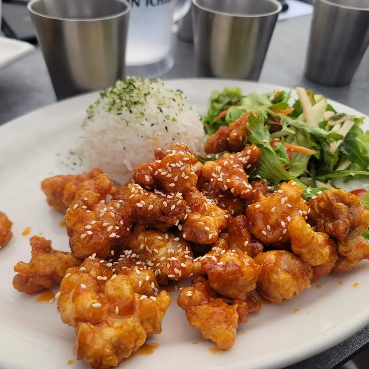 Orange Chicken with Rice and Side Salad