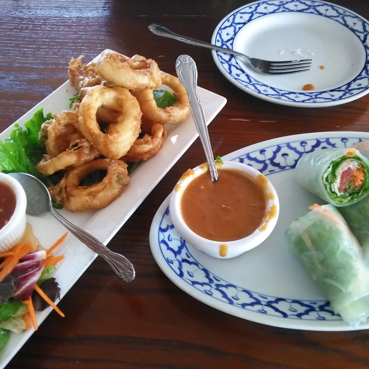 Fried Calamari and Spring Rolls with Peanut Sauce