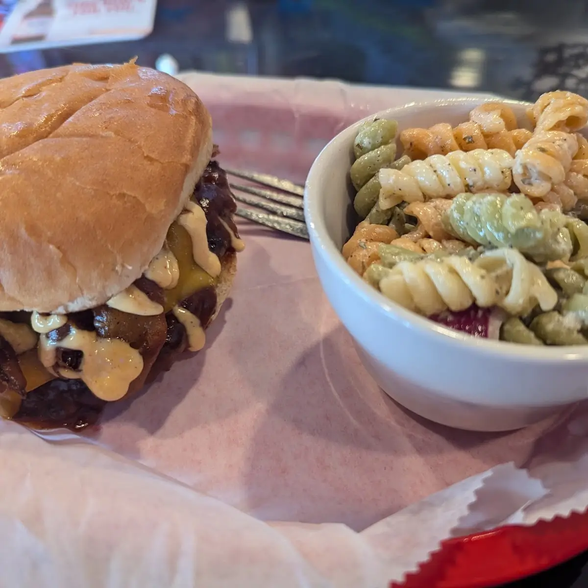 Cowboy Burger and Pasta Salad