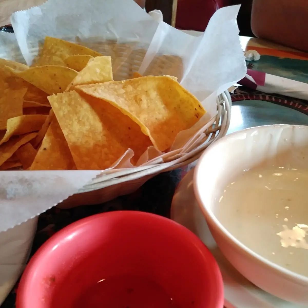 Chips Salsa and Queso Dip