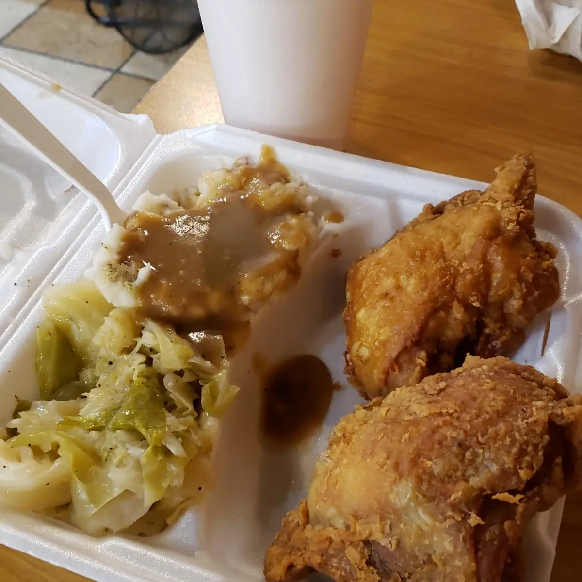Cabbage Mashed Potatoes and Gravy and Fried Chicken