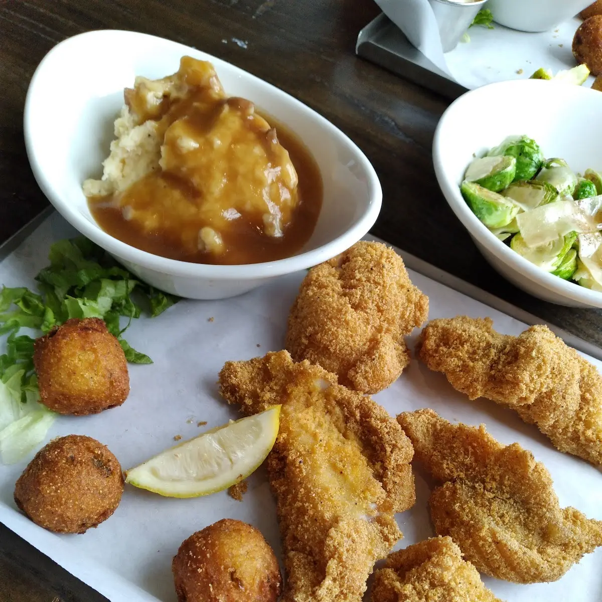 Southern Fried Catfish with Brussel Sprouts Broccoli and Mashed Potatoes 16