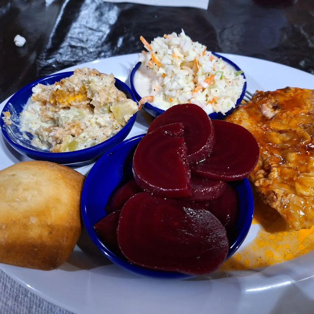 BBQ Chicken Broccoli Casserole Cole Slaw Pickled Beets and Dinner Roll