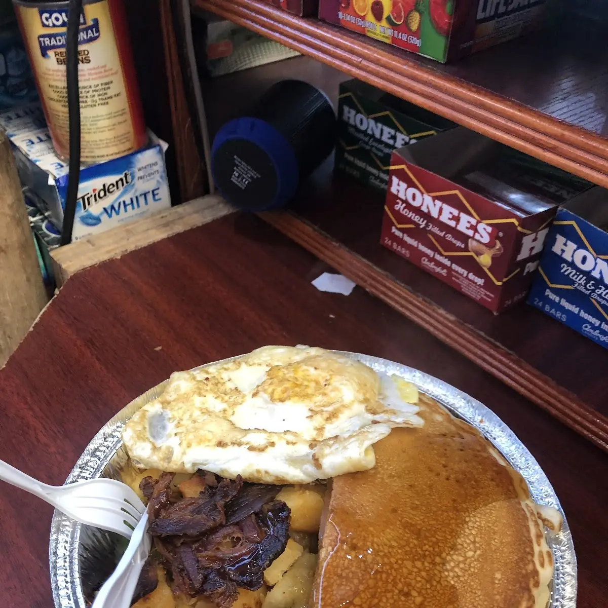 Pancake Platter Egg Bacon Your Choice Turkey or Regular Bacon Cheese