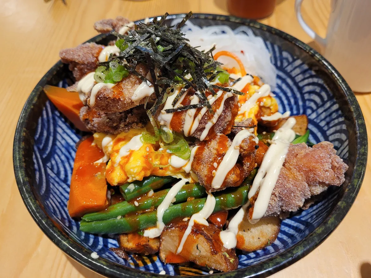 Chicken Karaage Hash with Scrambled Eggs, Breakfast Table Steveston