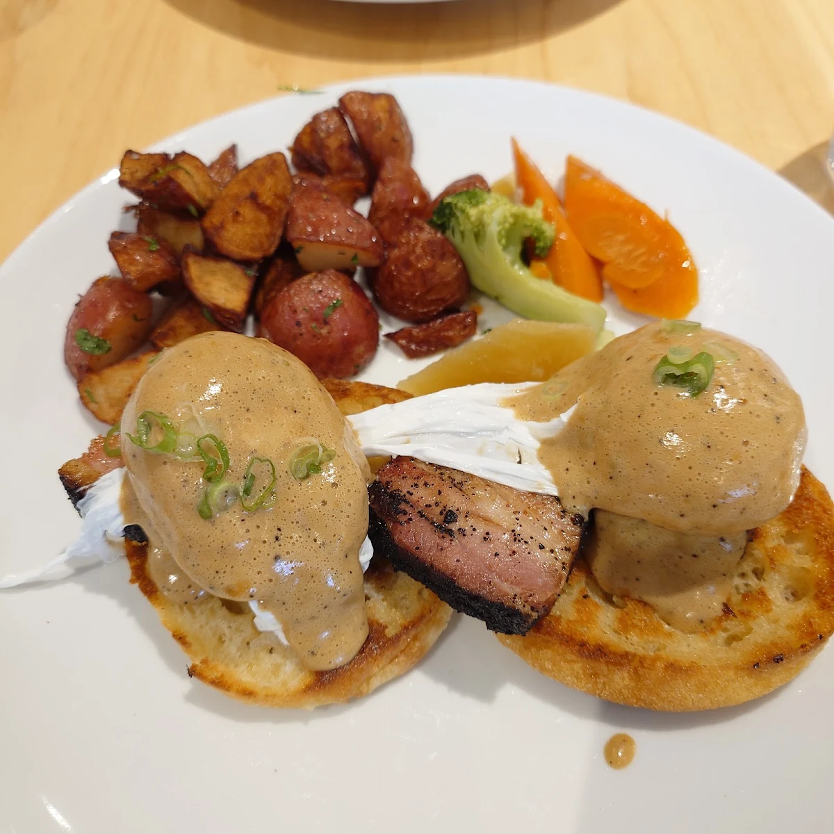 Coffee Crusted Pork Belly Benedict, Breakfast Table Steveston