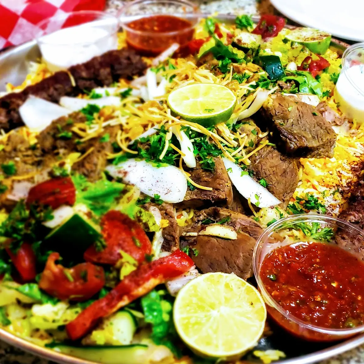 Platter with Lamb Mendi Beef Kabob Plate