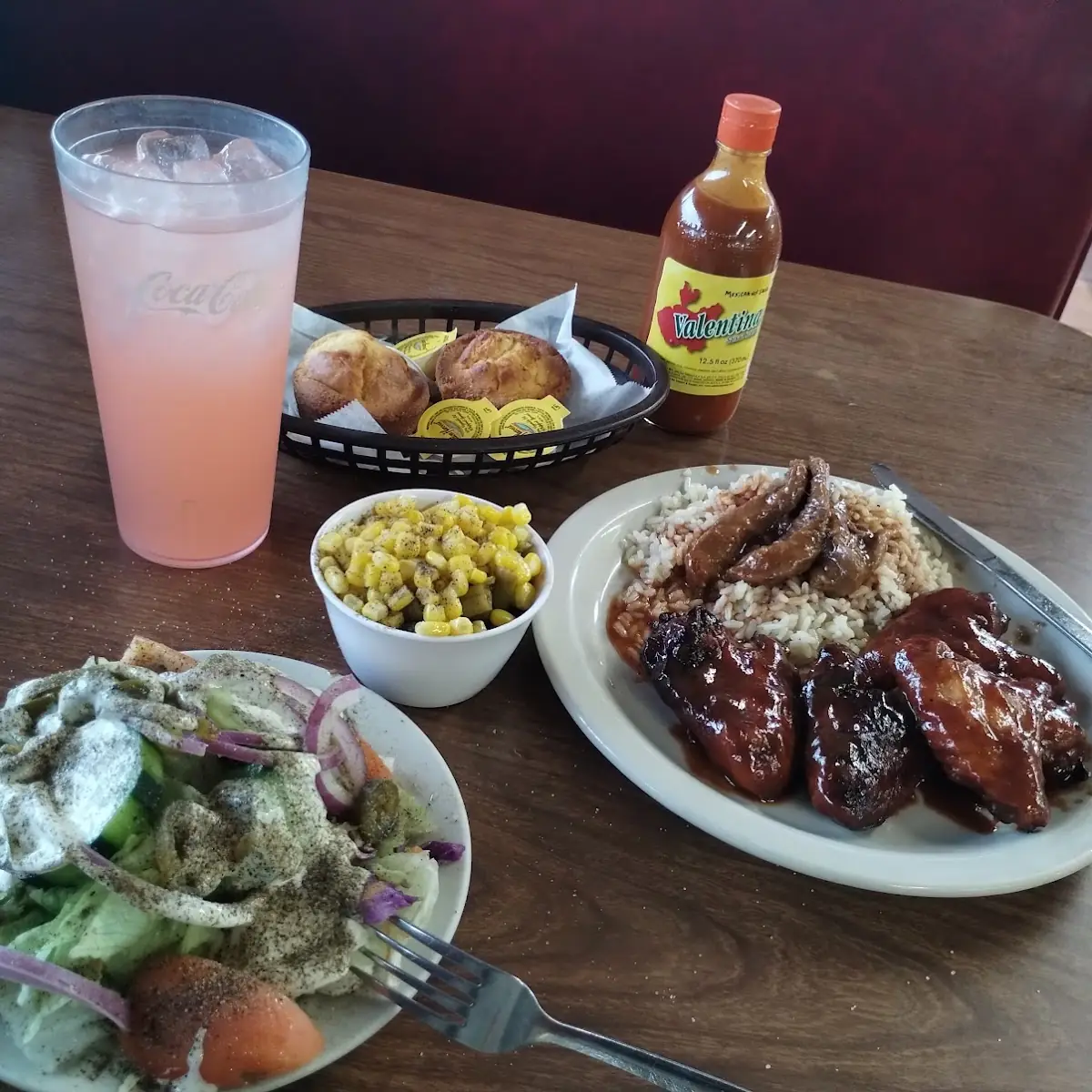 Salad and Wings with Rice Added Corn & Green Beans