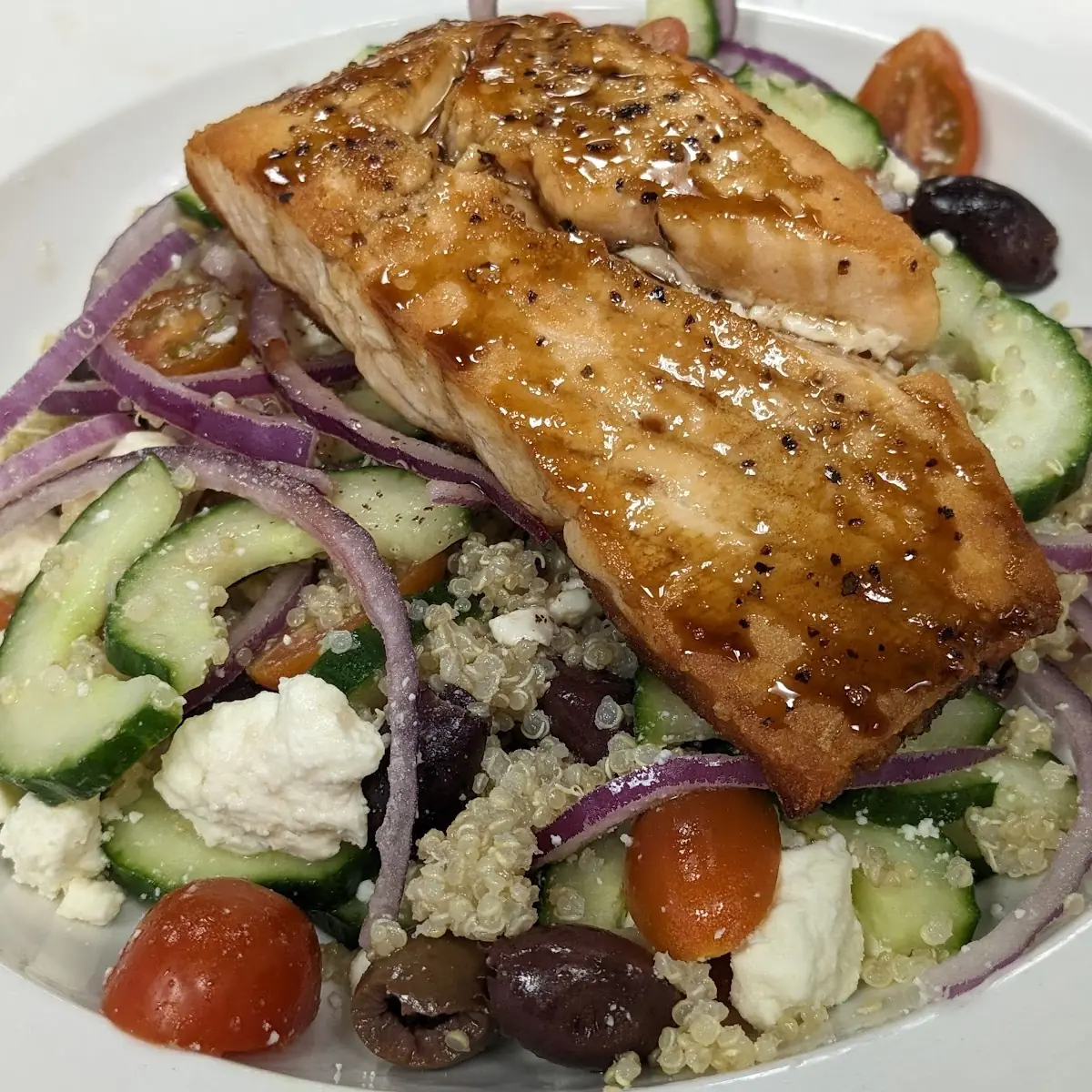 Quinoa Greek Salad with Salmon