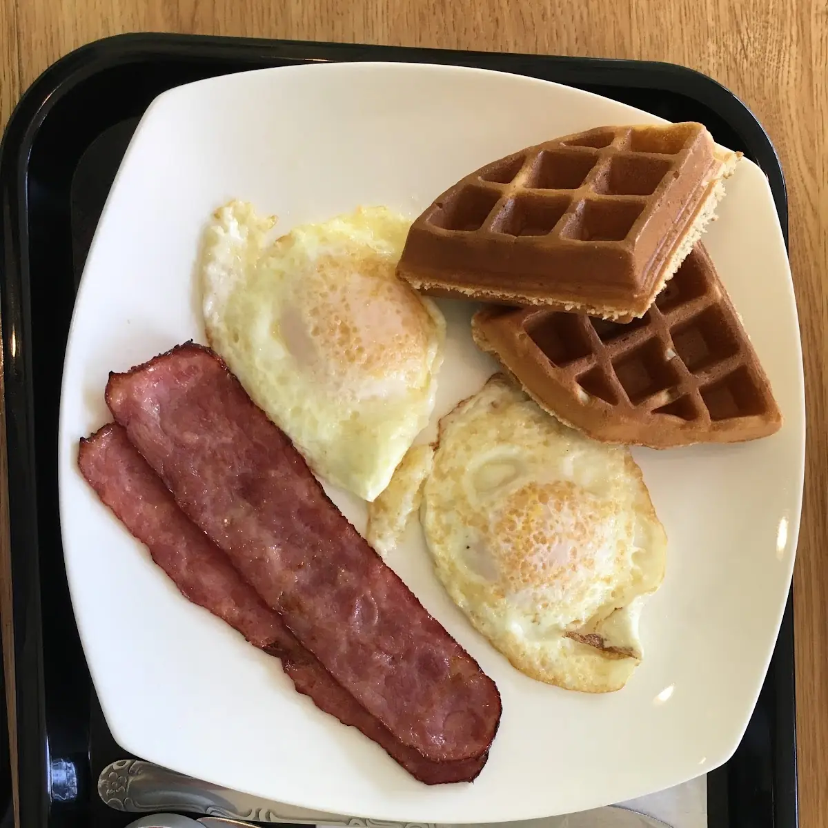Waffles with Eggs and Turkey Bacon