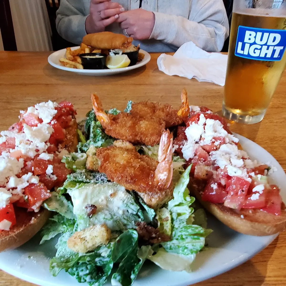 Bruschetta with Caesar Salad and Breaded Shrimp, Blue Anchor