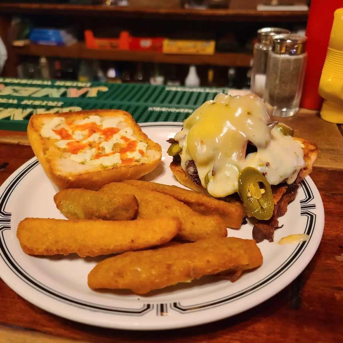 Prarie Fire Burger with Fried Pickle Spears