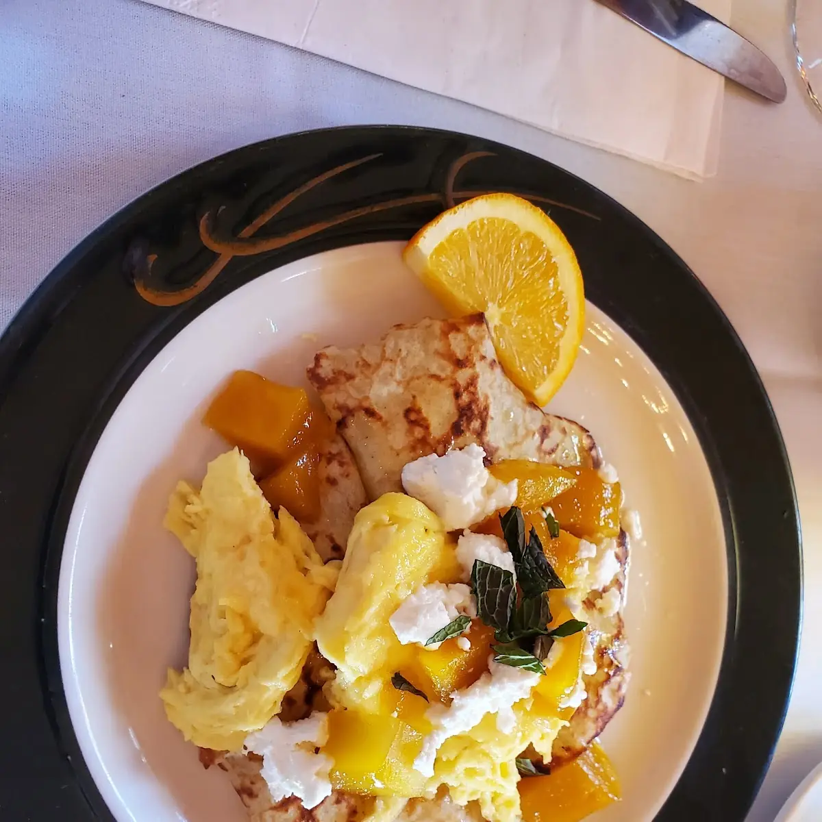 Mango Mint Goat Cheese Crepe with Scrambled Eggs