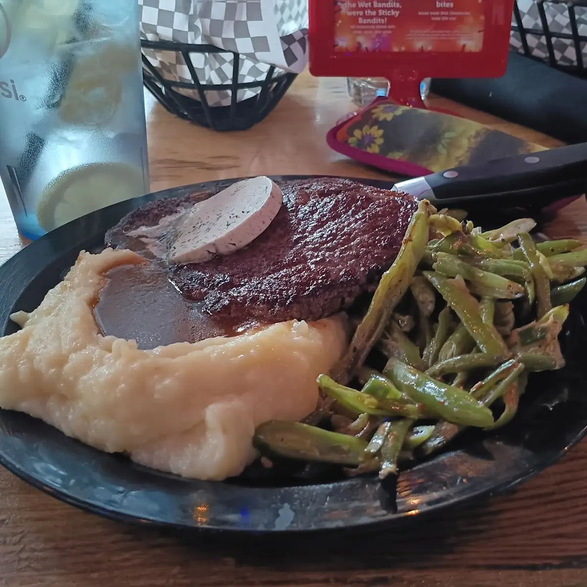 Ribeye Steak Green Beans Mashed Potatoes Gravy
