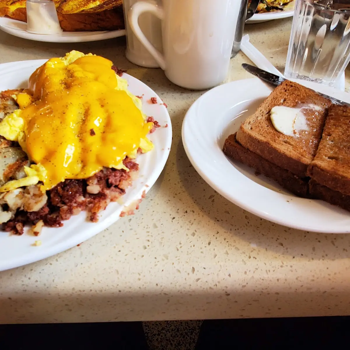 Corn Beef Hash with Scrambled Eggs and Toast
