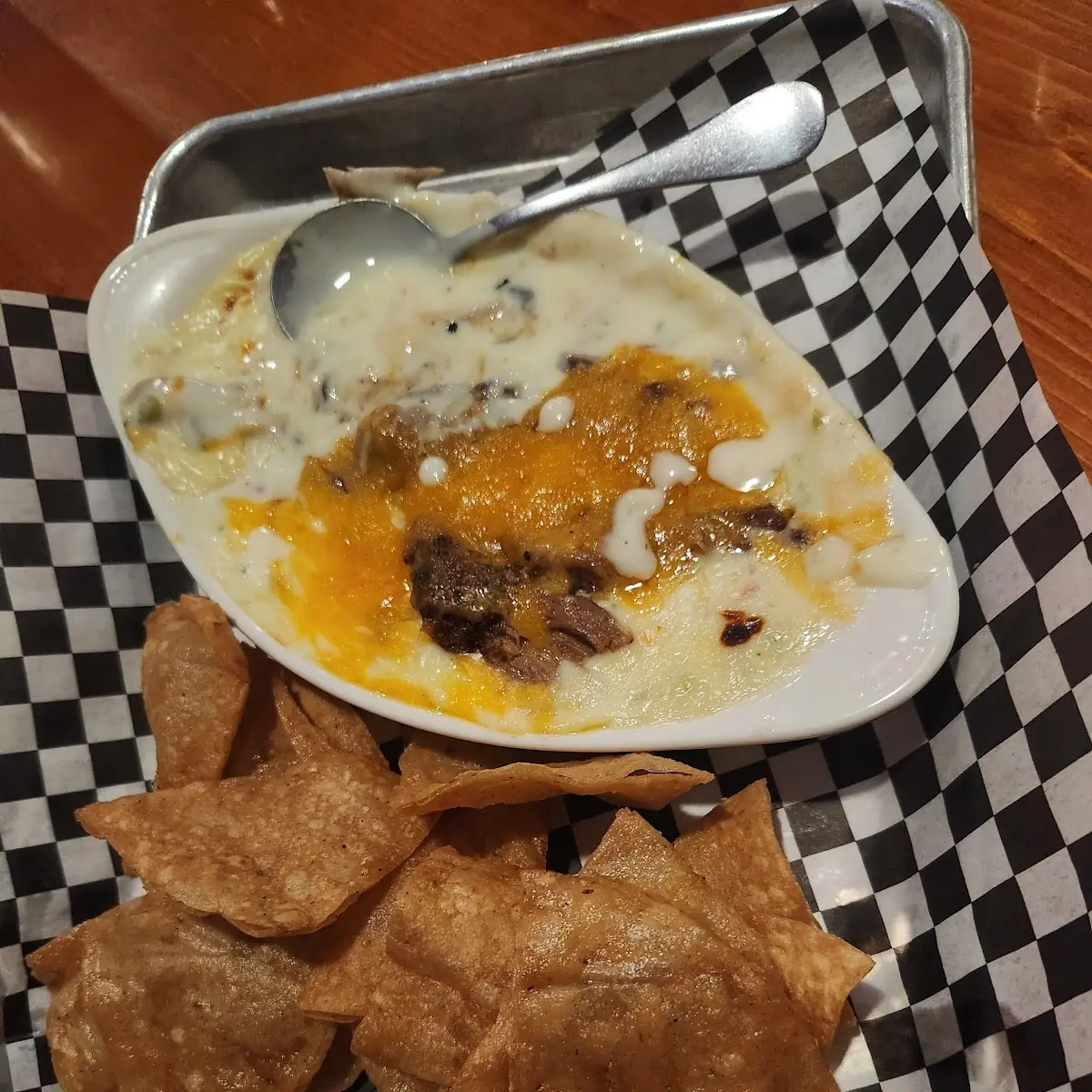 Queso with Pulled Pork and Fresh Made Tortilla Chips