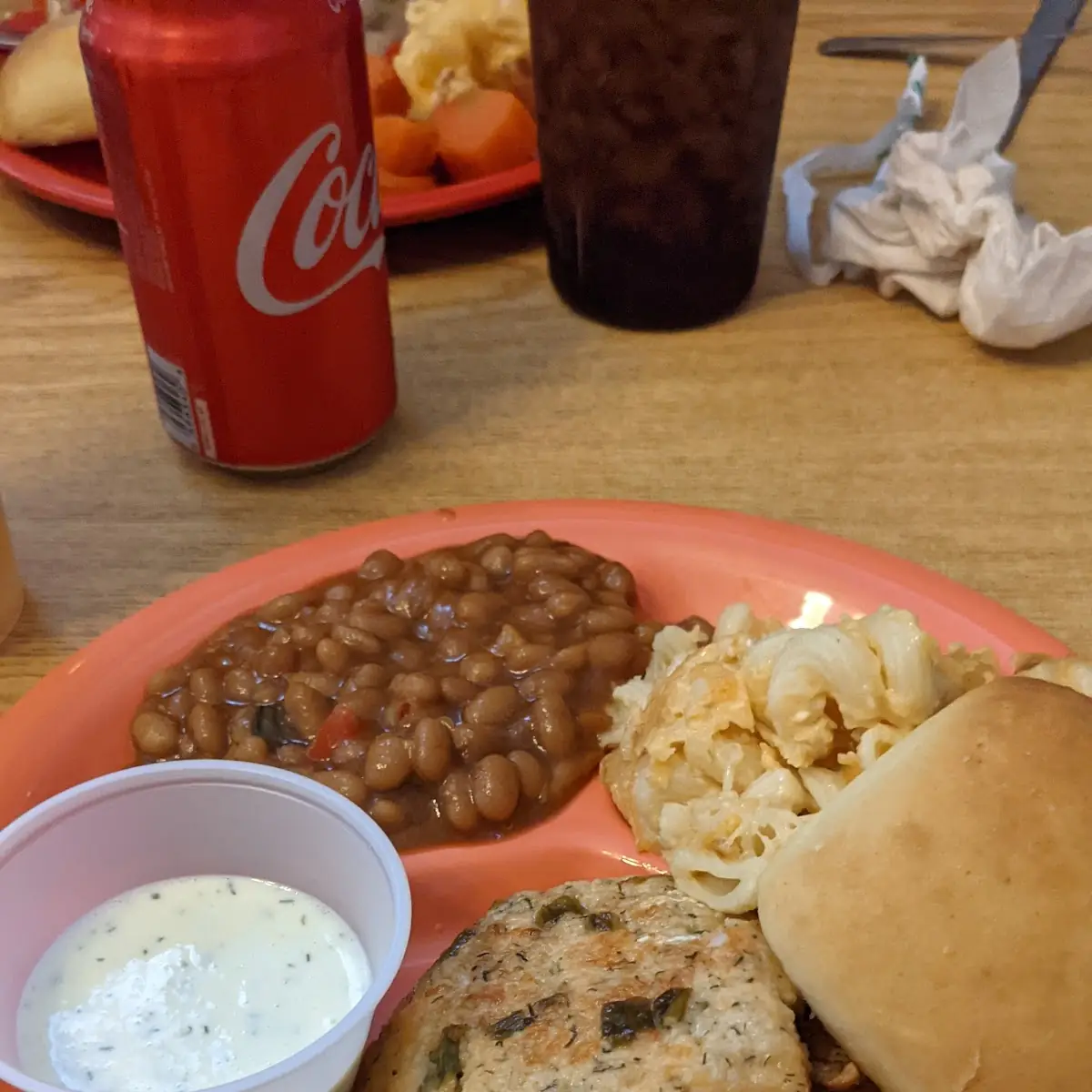 Salmon Croquettes Mac and Cheese and Baked Beans