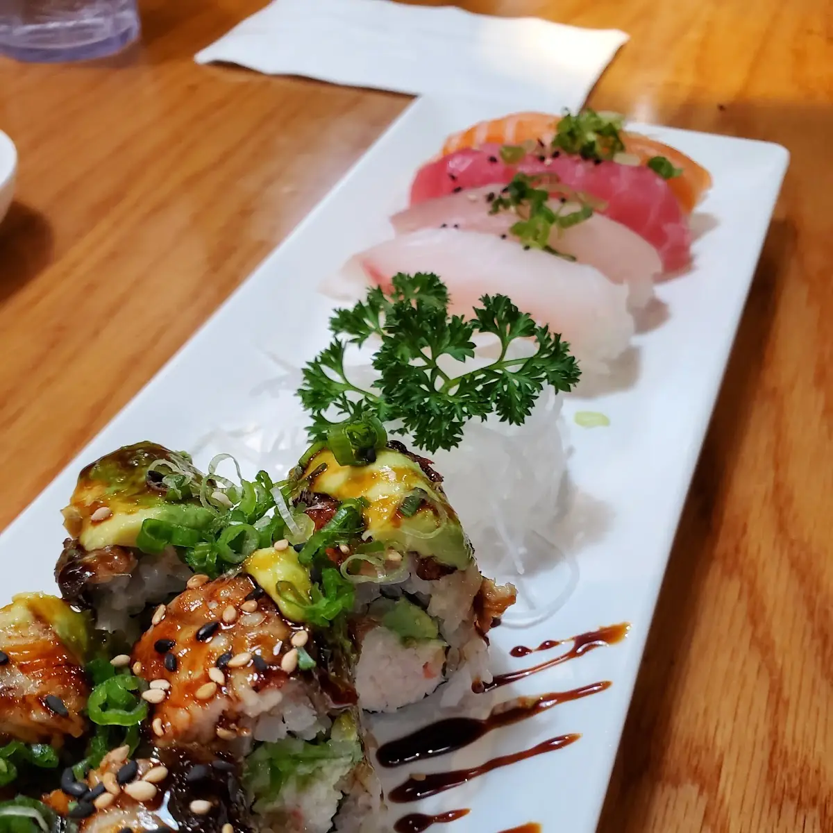 Dragon Roll and 4pc Sashimi Combo