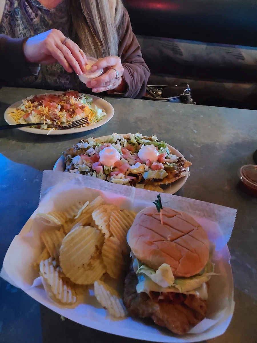Pork Tenderloin Sandwich with Pepper Jack and Bacon Nachos Supreme and Salad