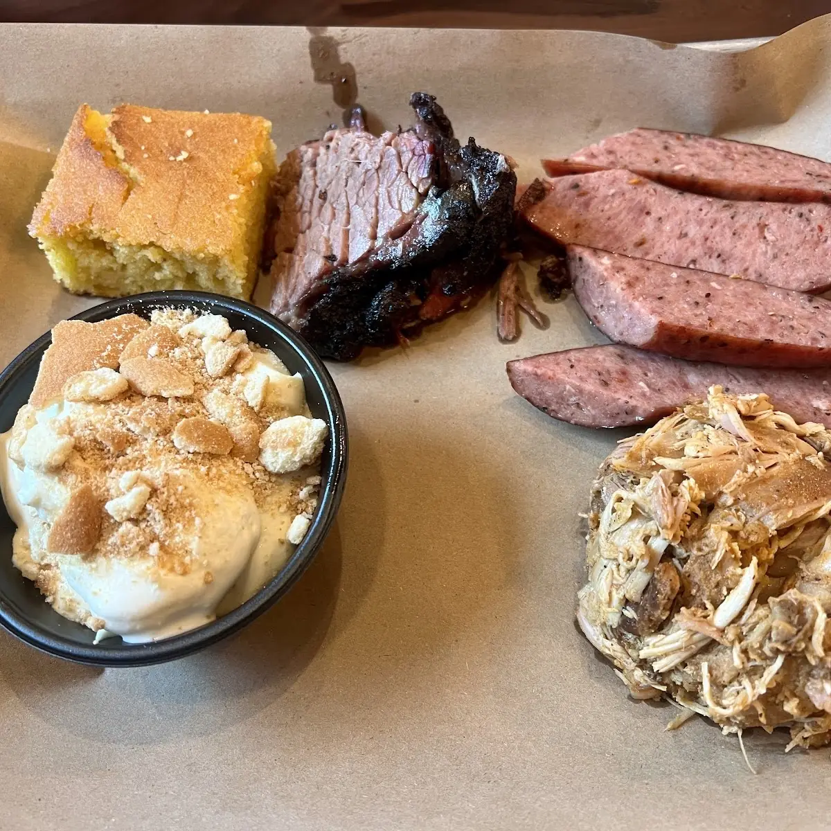 Three Meat Moist Brisket Pulled Chicken and Sausage with Cornbread