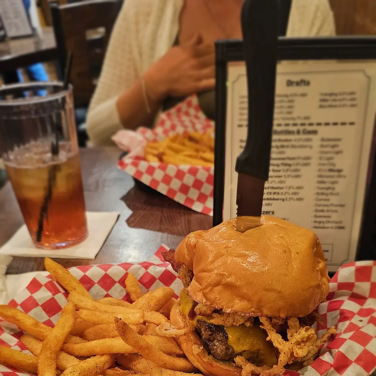 BBQ Burger Cheese BBQ Sauce and Onion Rings