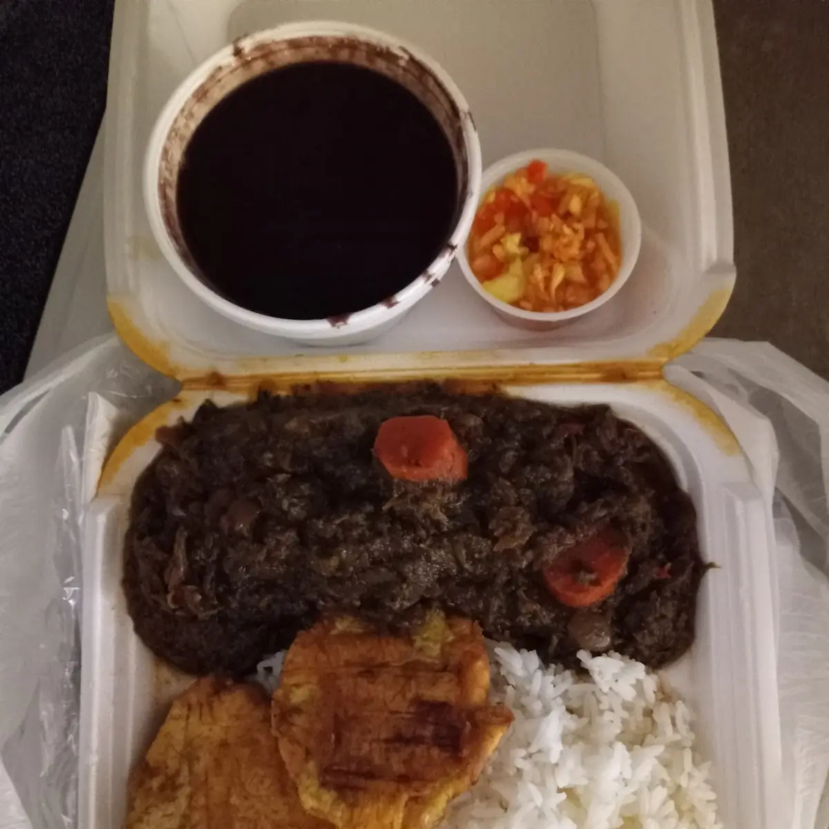 Stewed Vegetable White Rice Black Bean Sauce Fried Plantain and Hot Cabbage Slaw