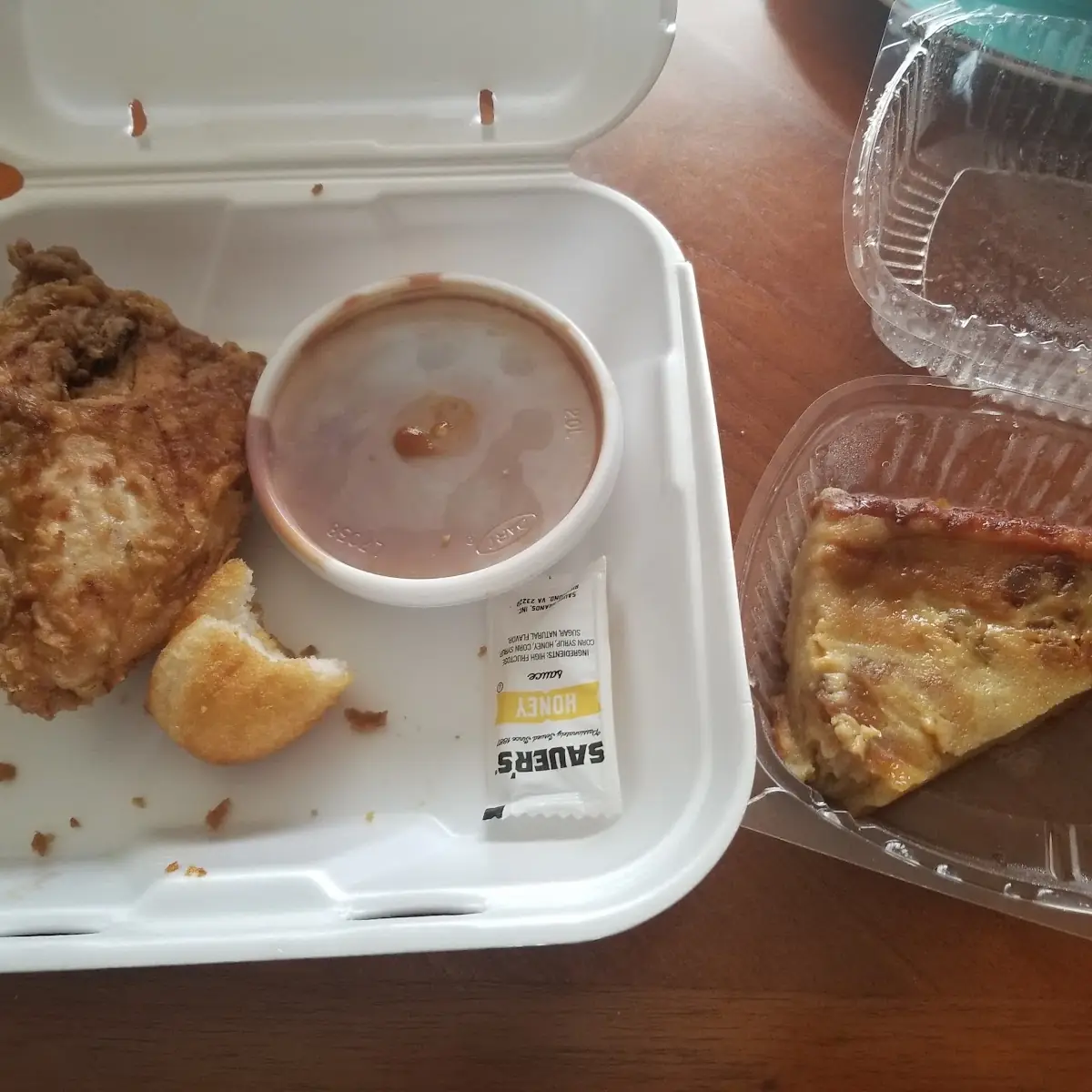 Fried Chicken Baked Beans Puff Roll and Bread Pudding
