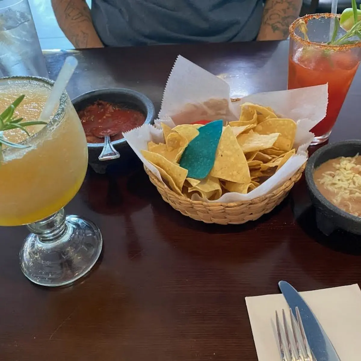 Chips Salsa and Beans Also Peach Margarita