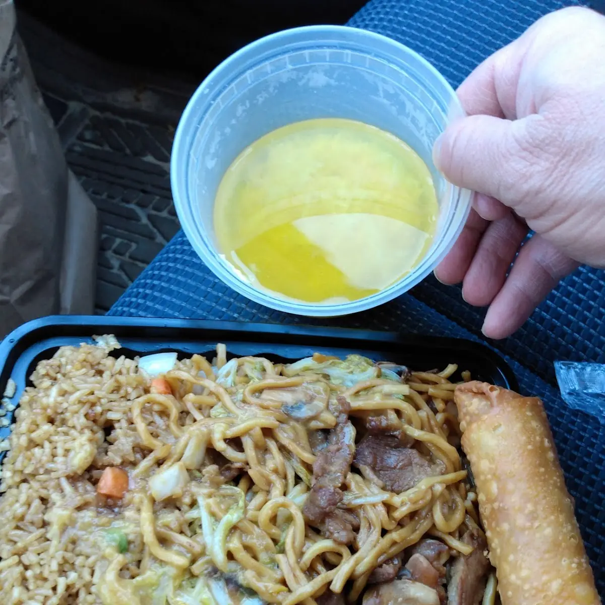 Beef Lo Mein Egg Roll and Egg Drop Soup