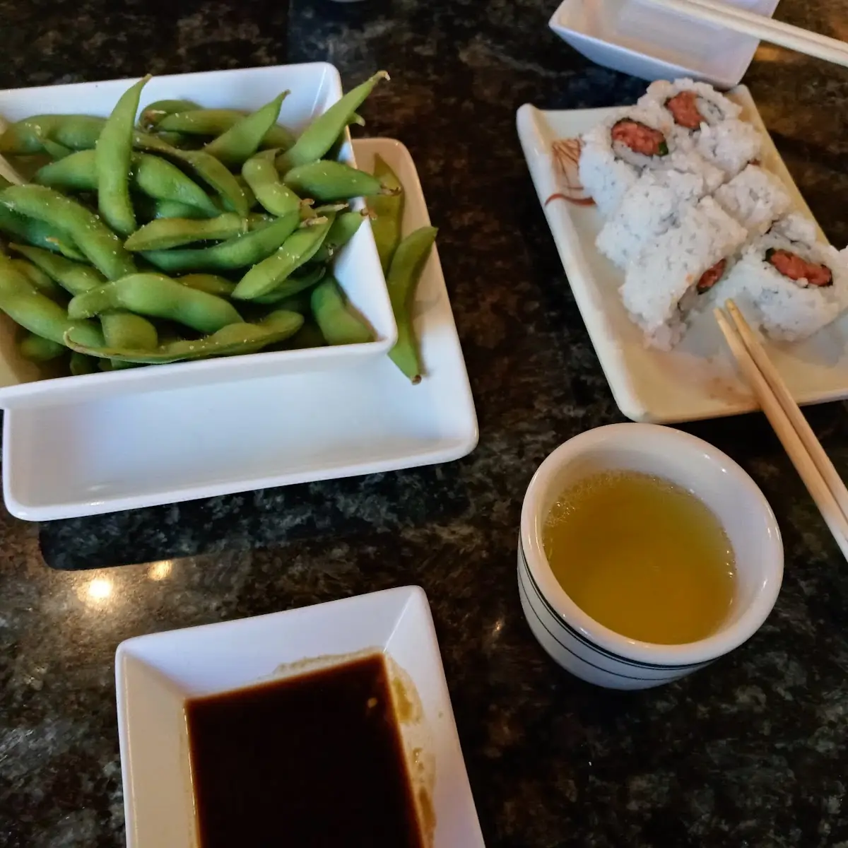 Edamame and Green Tea and a Dragon Roll