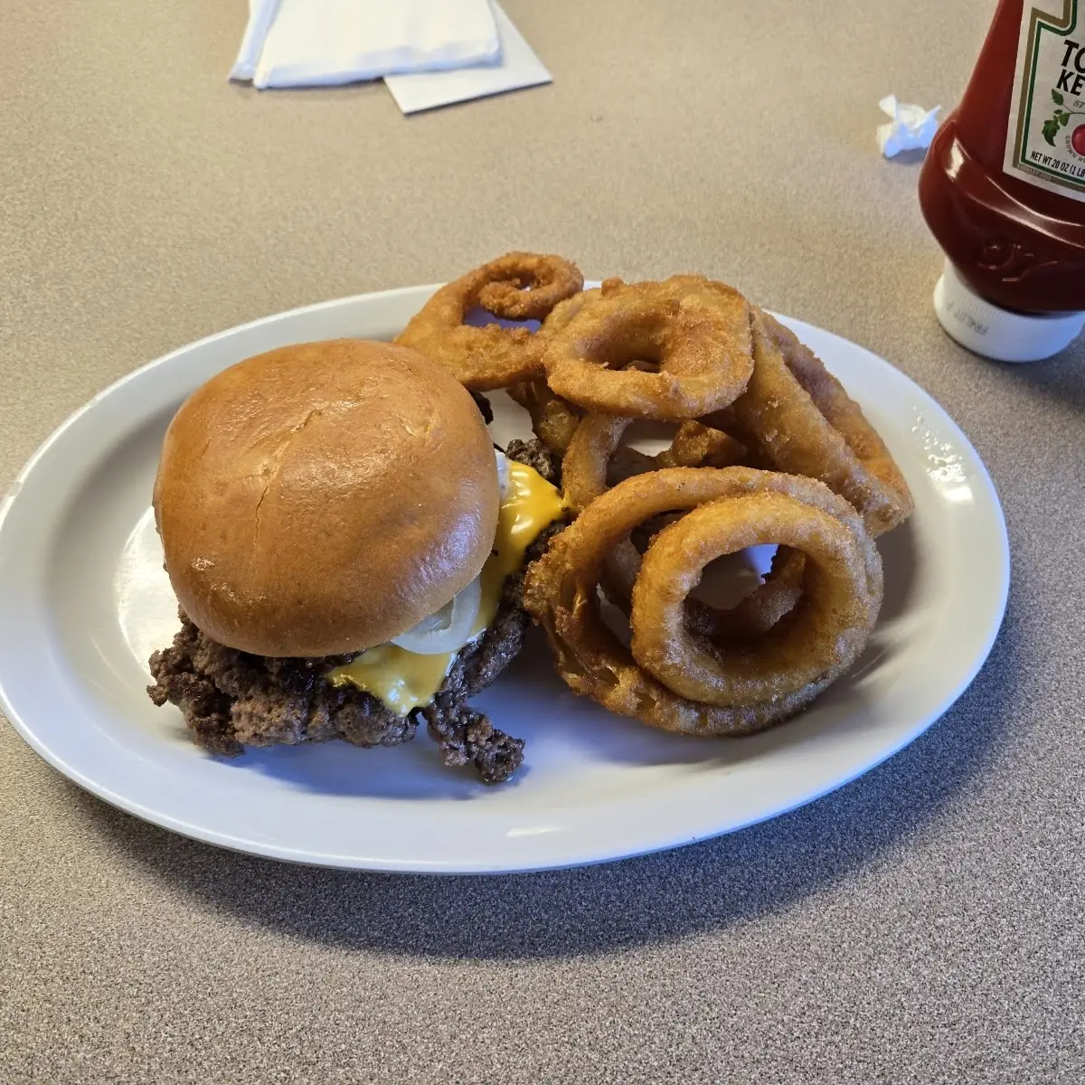 Burger and Onion Rings