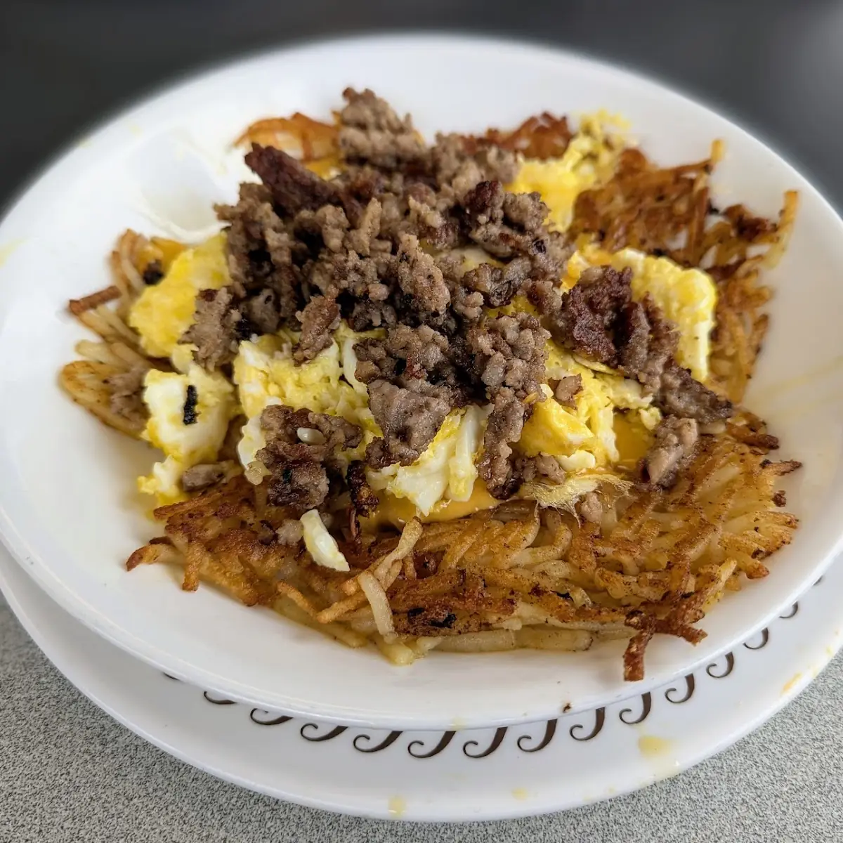 Sausage Egg and Cheese Hash Brown Bowl