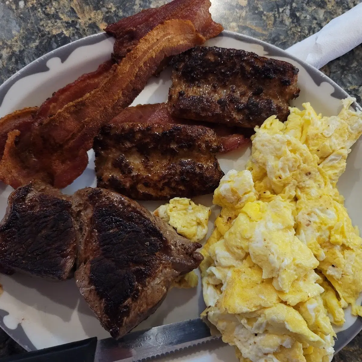 Number 8 5eggs Bacon Sausage and Steak