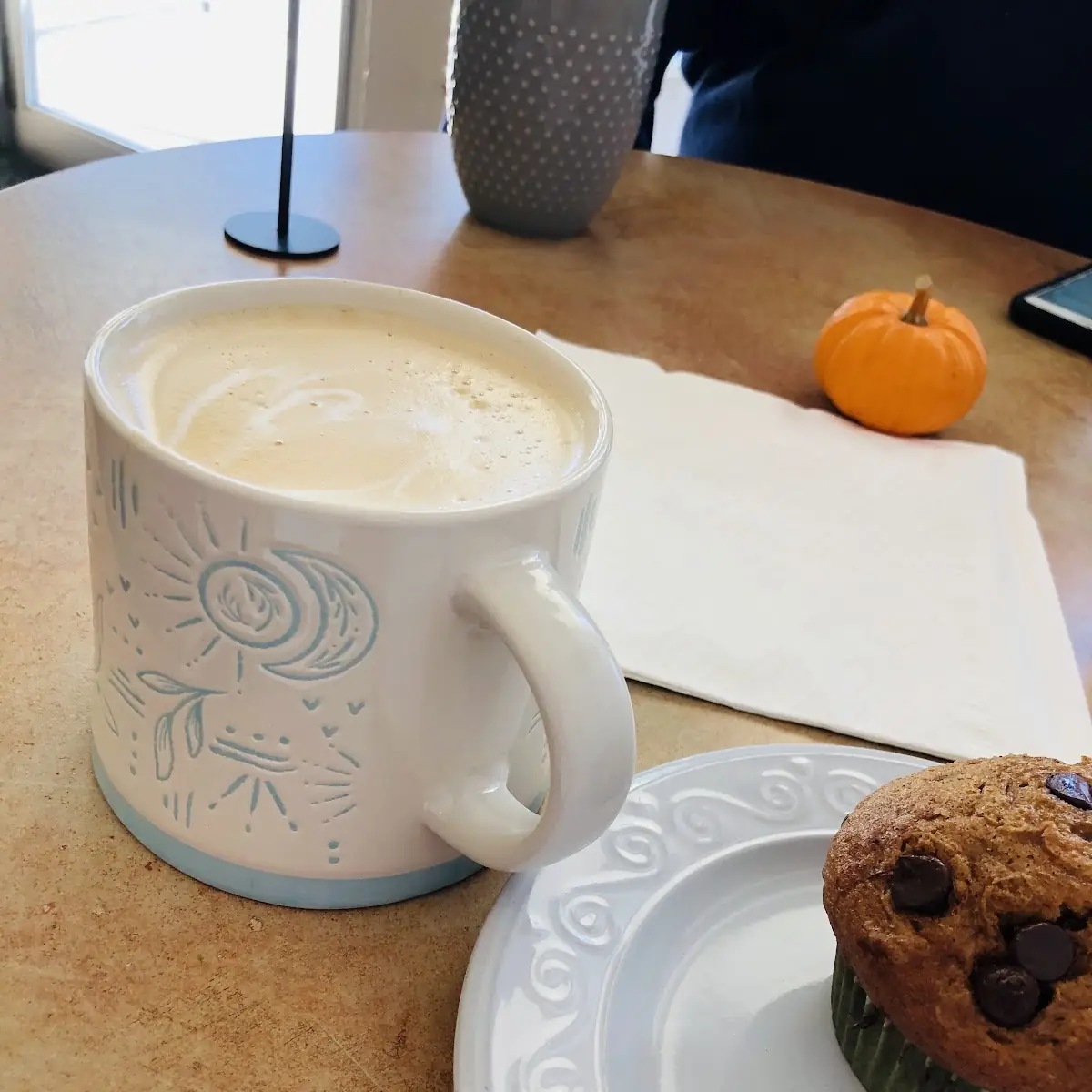 Chocolate Chip Pumkin Muffin and a Latte
