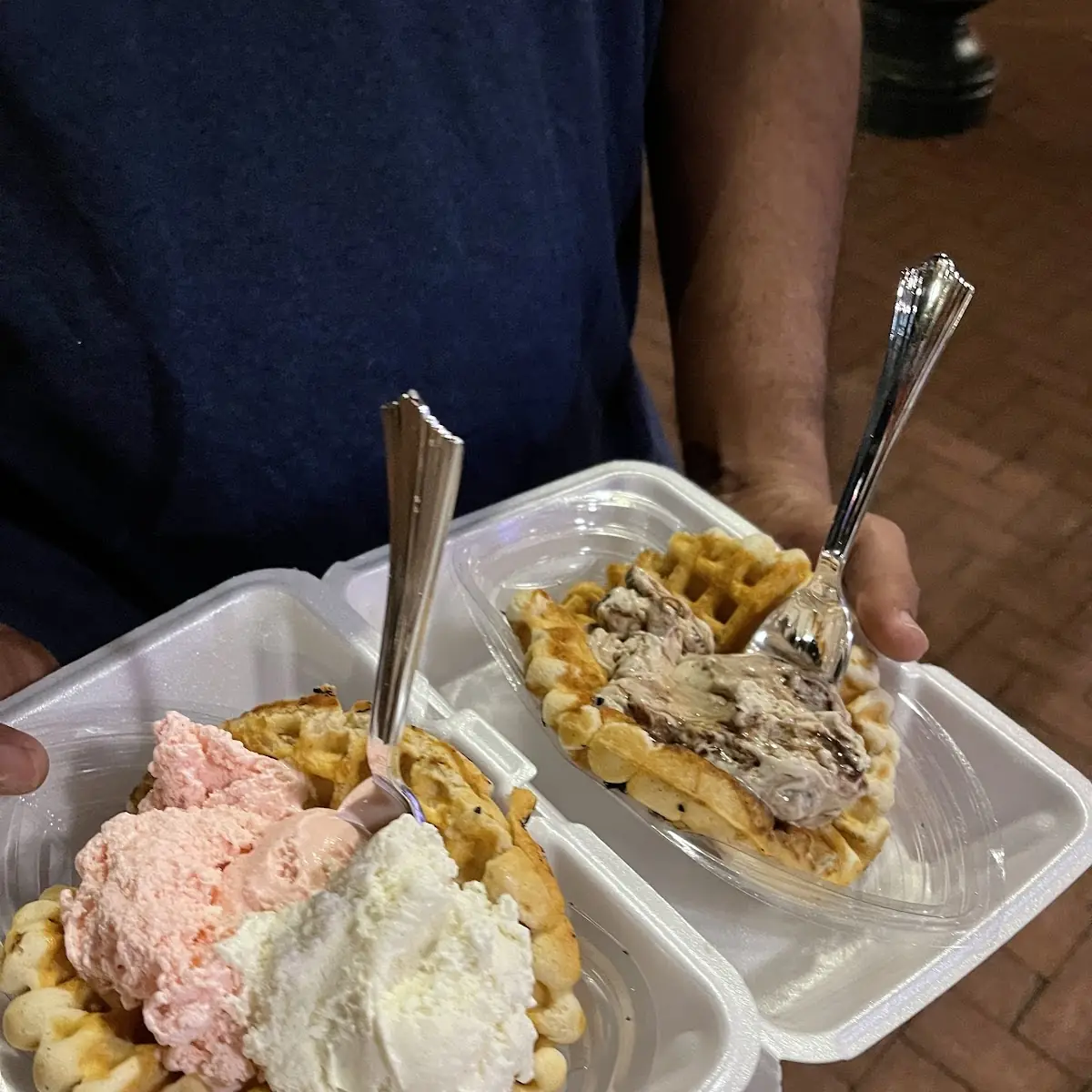 Waffle with Vanilla and Strawberry Ice Cream