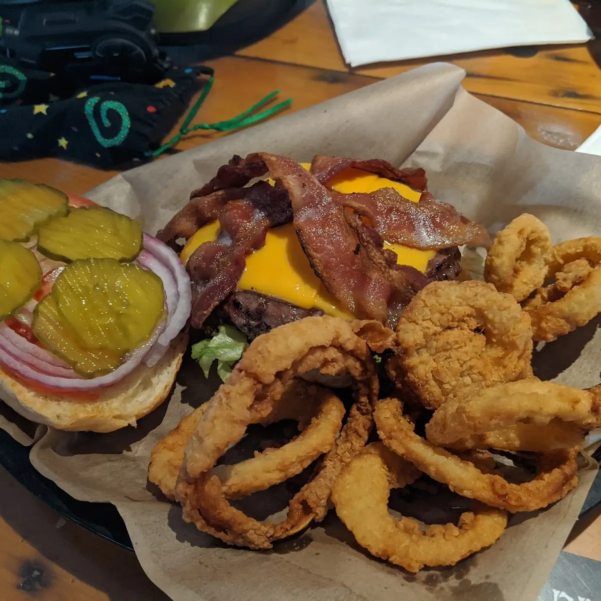 Cheeseburger with Bacon and Onion Rings