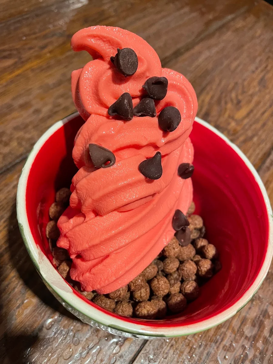 Watermelon Soft Serve in a Cup with Coco Puffs