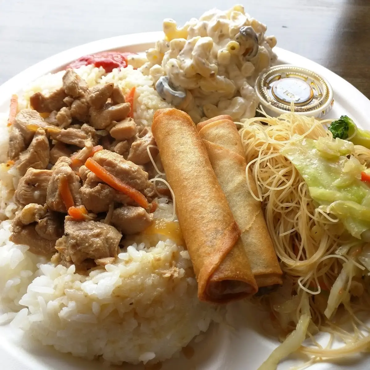 3 Chicken Adobo with Pancit and Mac Salad with a Side of Lumpia