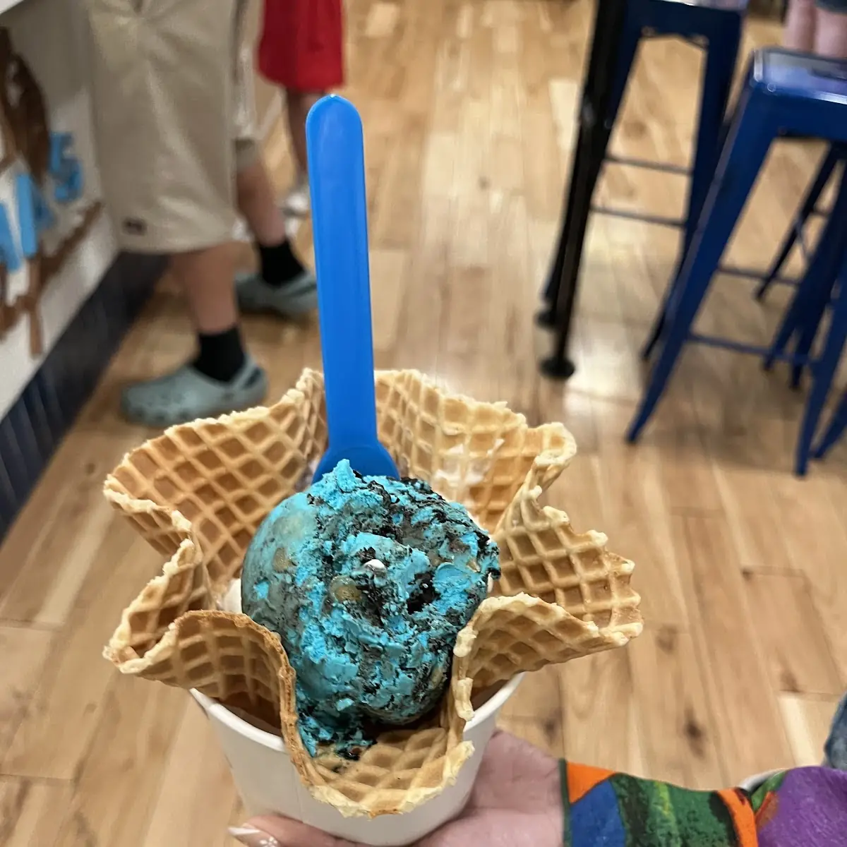 Cookie Monster Ice Cream in a Waffle Bowl