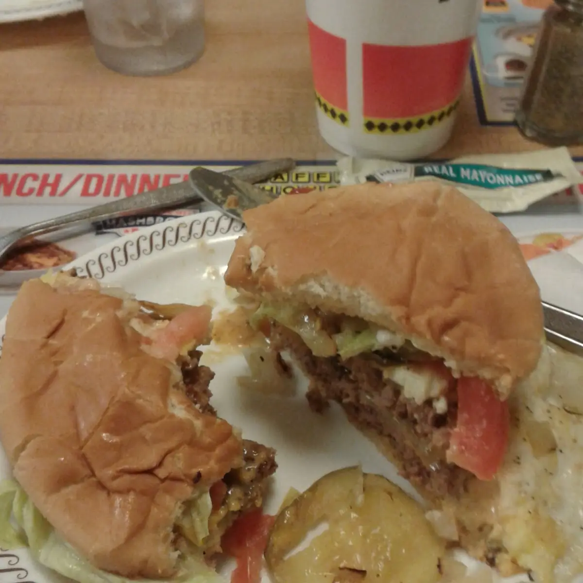 My Double Cheeseburger with Fried Egg and Coffee