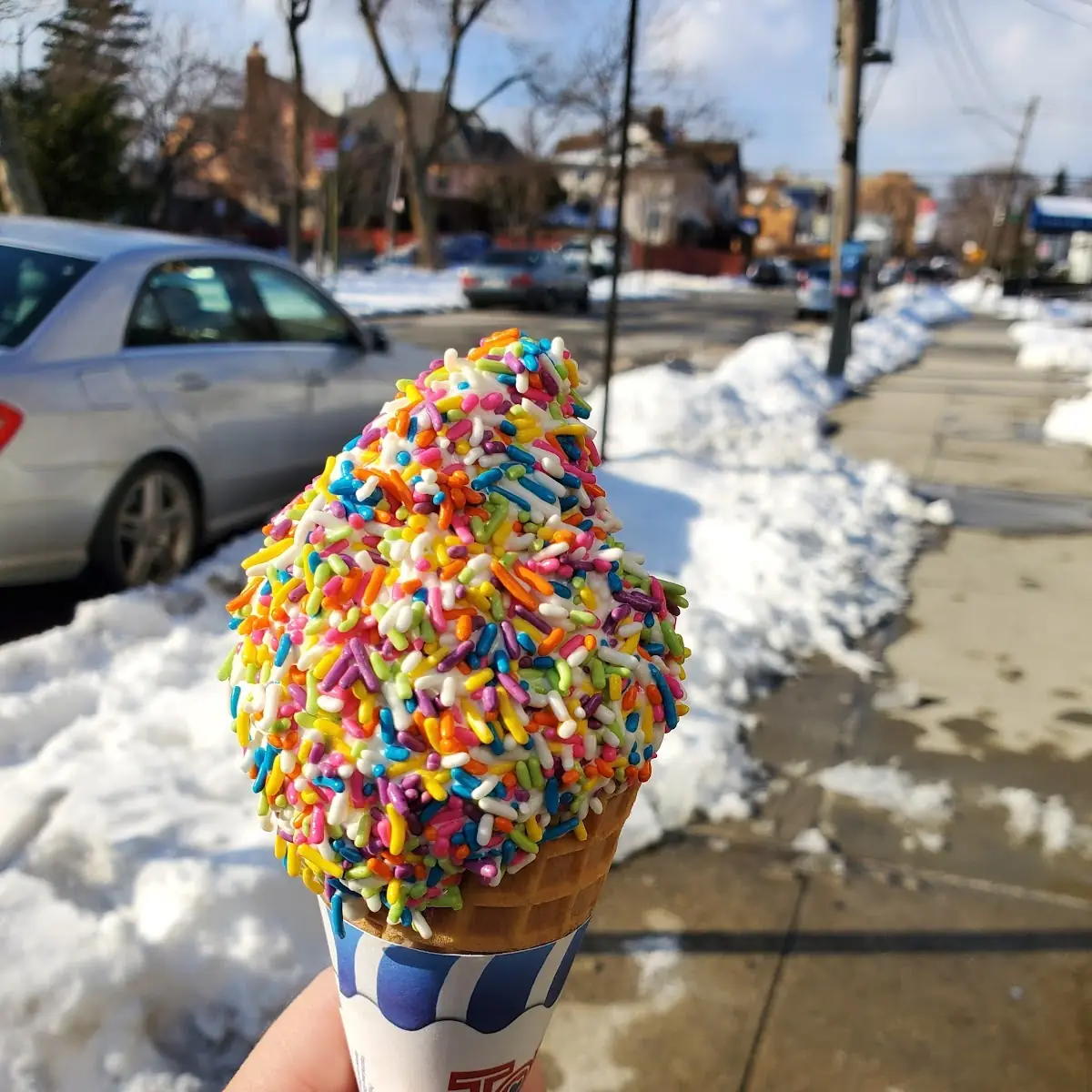 Vanilla Soft Served with Rainbow Sprinkles on a Waffle Cone