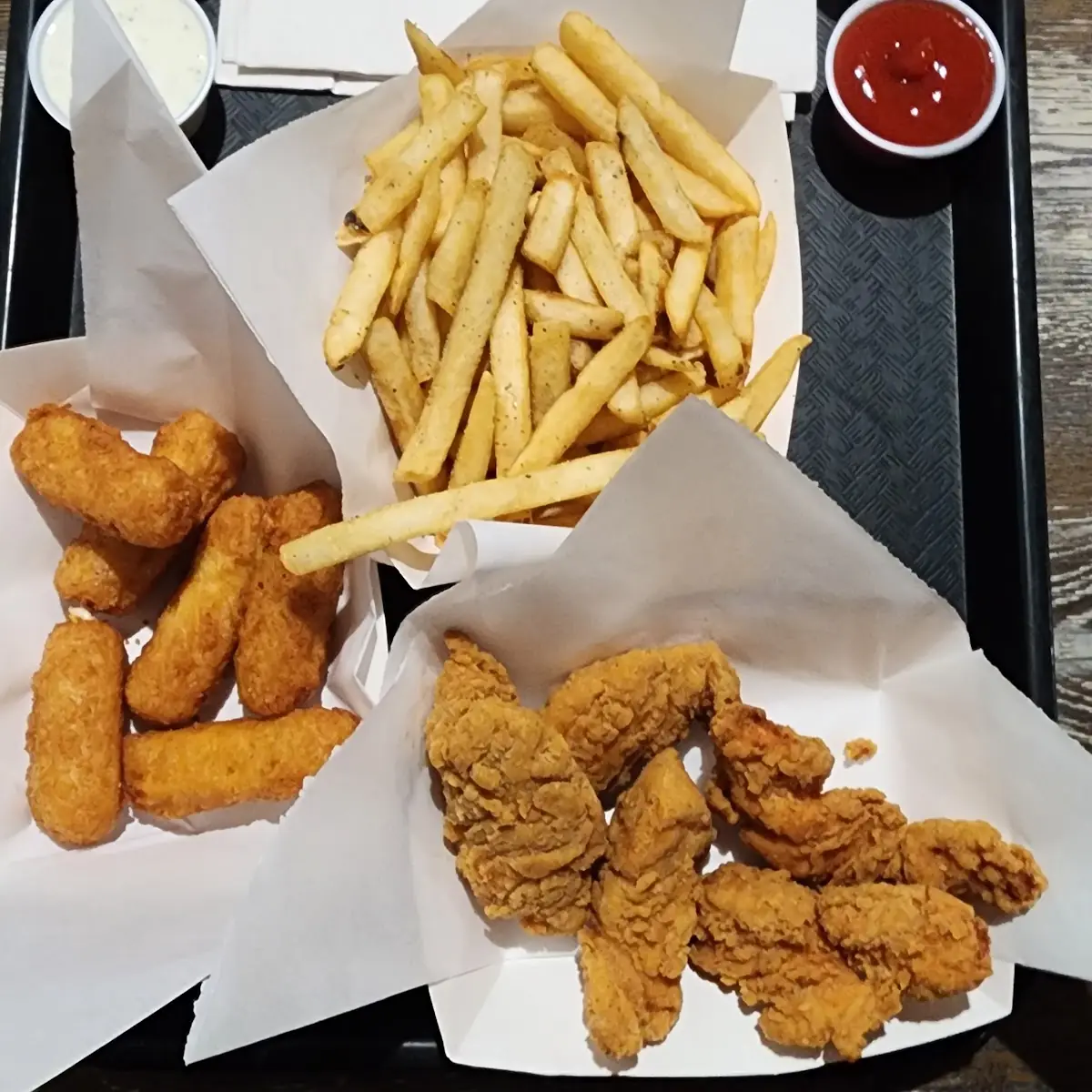 Chicken Strips Fries and Mozzarella Sticks