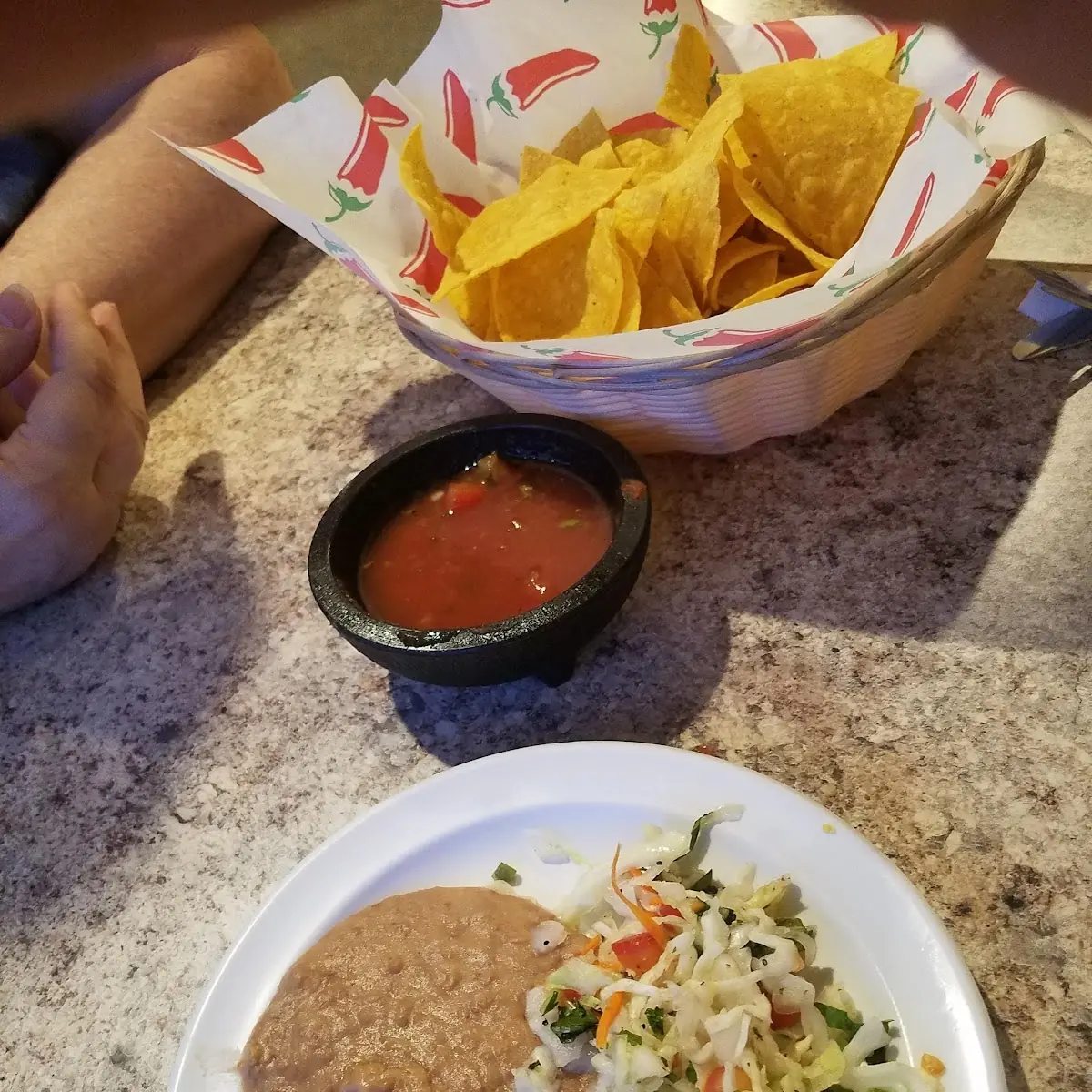 Chips & Salsa w Refritos & Cabbage