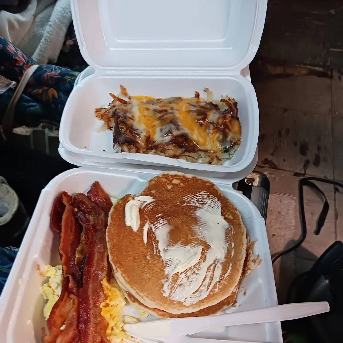 Hotcakes Breakfast with Hash Browns Eggs and Bacon