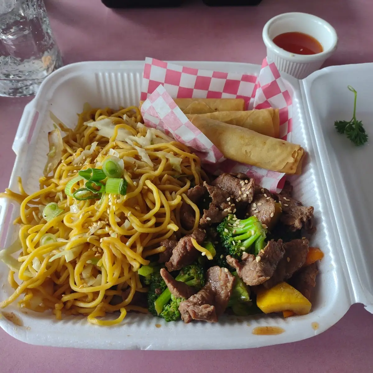 Beef and Noodles with Spring Rolls